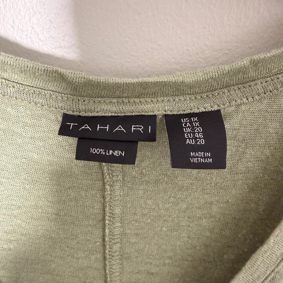 100% Linen Knit V-Neck Tee by Tahari- Plus Size 1X- Sage Green Minimalist Staple - Picture 4 of 12